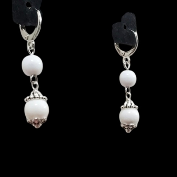 Upcycled White Opal Dangle Hoop Earrings - Picture 2 of 6